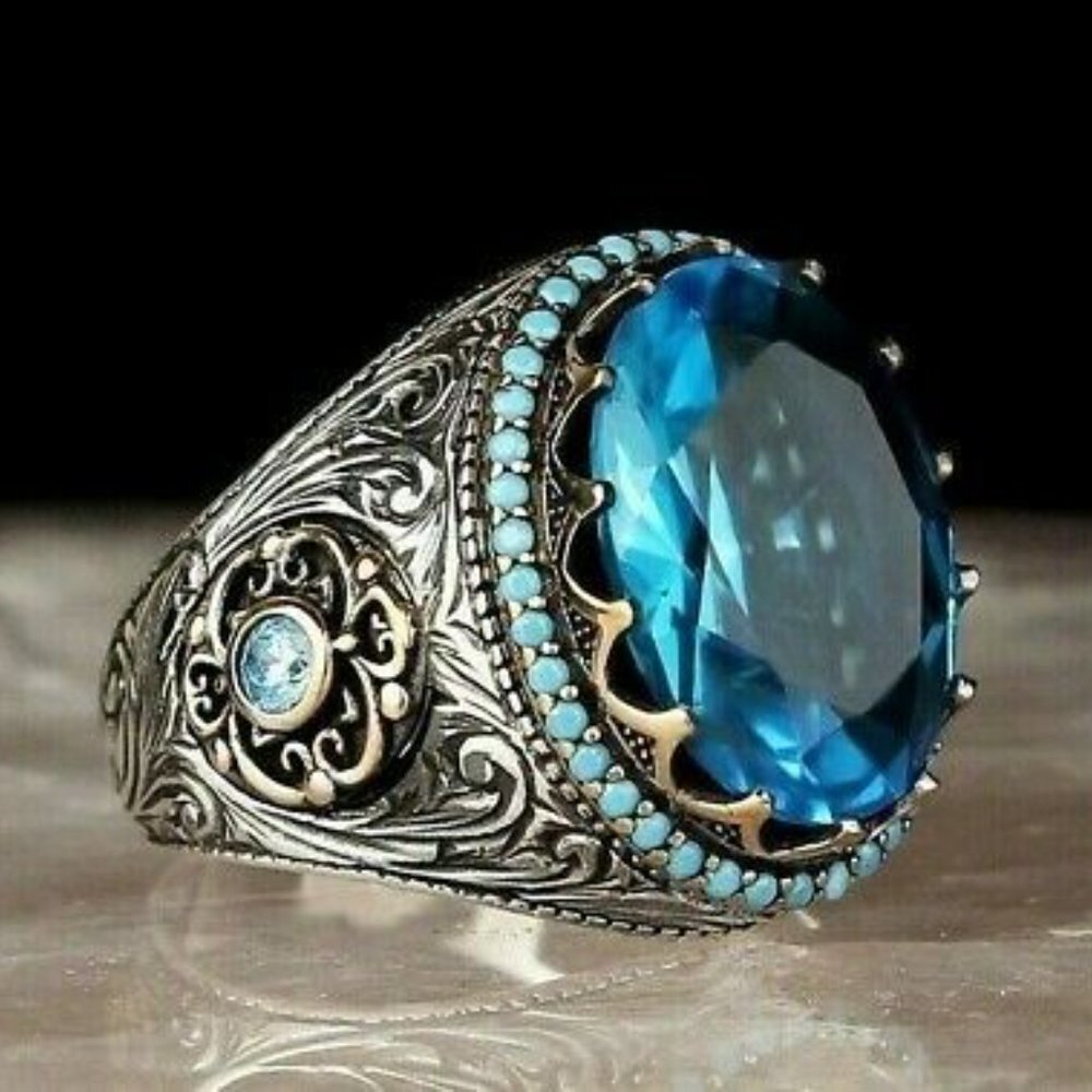 🍁Ethnic Bohemia Style With Big Blue Oval CZ vintage Ring, MLNN1381